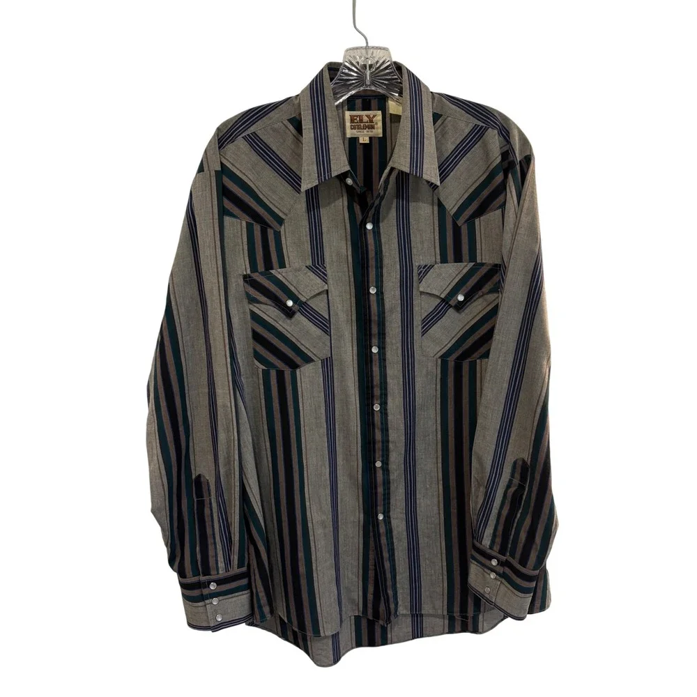 Ely Cattleman Western Yoke Pearl Snap Shirt Mens L Gray Striped Cowboy Rodeo - Picture 3 of 9